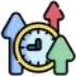 A clock with two arrows pointing towards it, indicating time or direction.