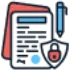 Blue and red icon featuring a pen resting on a sheet of paper, symbolizing writing or note-taking.