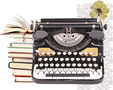 An old typewriter sits on a table surrounded by several stacked books, evoking a vintage literary atmosphere.
