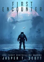 Cover of the book First Encounter, featuring a vibrant illustration of a cosmic landscape and two figures meeting.